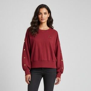 Karl Lagerfeld Paris Burgundy red Sweatshirt‎ Gold Button Detail Womens M/M